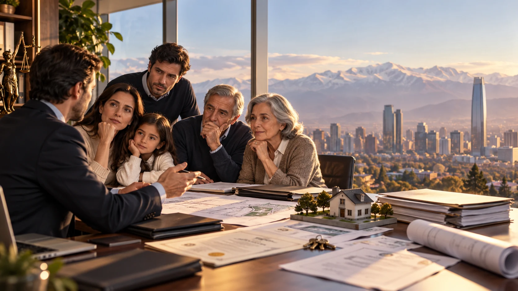 Familia revisando una herencia y propiedad en Chile